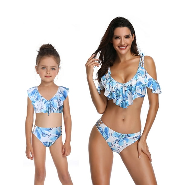 MetCuento Mommy and Me Family Matching Swimsuits Girls Bathing Suit Women Two Piece Bikini Set Ruffle Falbala Swimwear